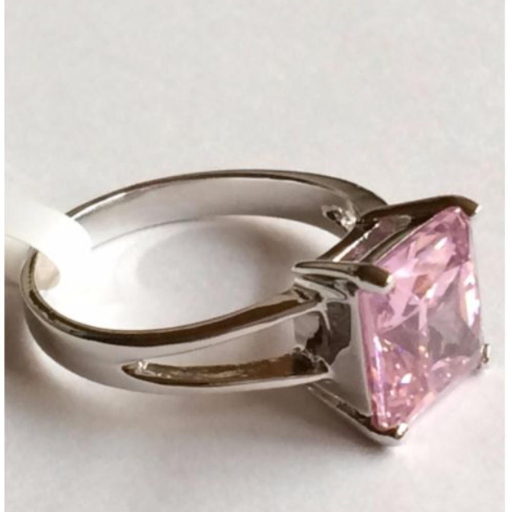 Silver Pink Cubic Zirconia Cocktail Ring Size  6 9 10 Princess cut Rhodium Plate - Picture 6 of 8